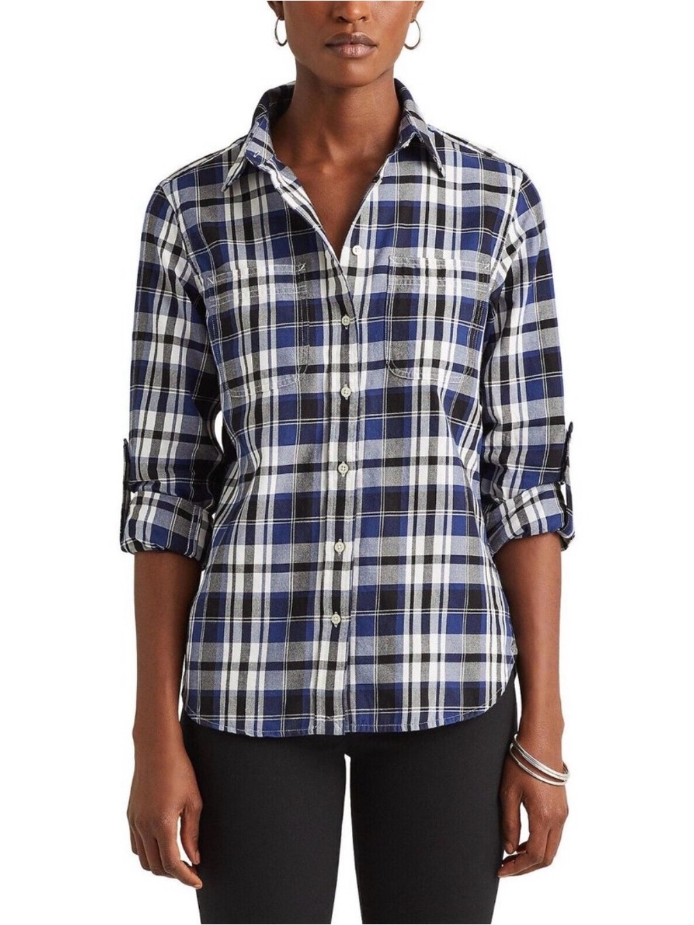 Lauren Ralph Lauren Navy Black White Plaid Cotton Long Sleeve Button-Down Shirt